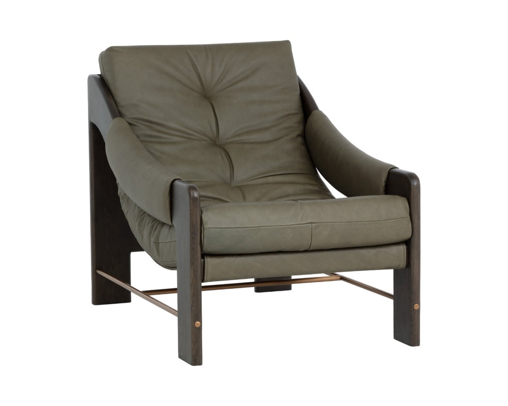 Sunpan RAFFERTY Lounge Chair - Luxurious Dark Olive Leather with Solid Oak Frame and Brushed Gold Accents Green 112678