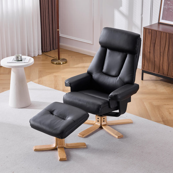 English Elm Black Pu Leather Swivel Accent Chair with Ottoman Heated Massage Wood Base Lounge W3248P465018