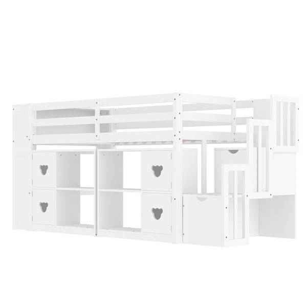 English Elm Twin Kids Low Loft Bed with Stair Drawers Built-in Led Shelving and Bear Handles W697S00039