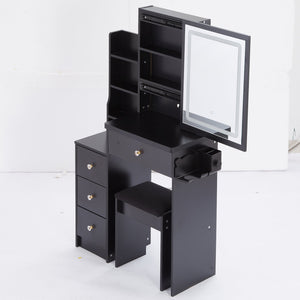 English Elm 29.2" Compact Vanity Table Set With Led Mirror, Power Station, Cushioned Stool, Hair Dryer Bracket W936P226040