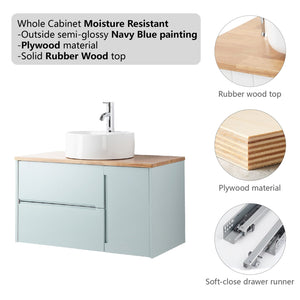 English Elm 36-Inch Modern Minimalist Wall-Mounted Bathroom Vanity With Blue Cabinet & Natural Wood Top Design W3151S00008