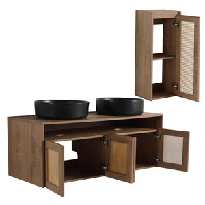 English Elm 48" Floating Bathroom Vanity Oak Finish Dual Ceramic Sinks Four Soft Close Doors W999S00499