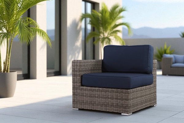 English Elm Wicker One-Arm Sectional Chair with Navy Sunbrella Cushions, Rust-Resistant Aluminum Frame, No Assembly B120P233851
