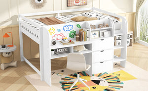 English Elm Full Size Low Loft Bed With Desk, Storage Solutions & Whiteboard For Creative Learning – White Finish N7090005005K