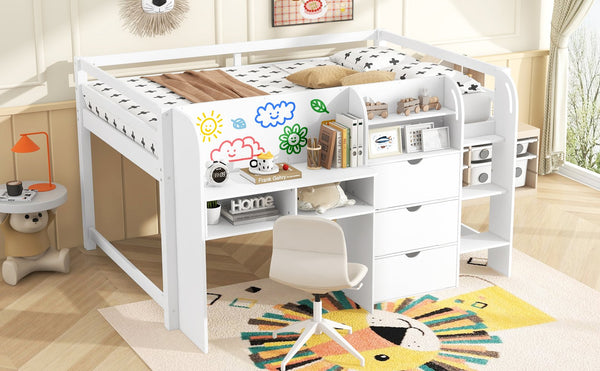 English Elm Full Size Low Loft Bed With Desk, Storage Solutions & Whiteboard For Creative Learning – White Finish N7090005005K