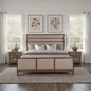 English Elm Arcadia Queen Bed Pine Oak Frame Curved Wing Headboard Upholstered Panel Rustic Modern B108S00047