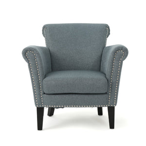 English Elm Christopher Knight Home® - CLUB Chair with Curved Silhouette and Nailhead Trim — Upholstered Luxury Accent Seat with Birch Legs Blue+Grey 31.5 L x 24.75 W x 23 H 60841.00STB