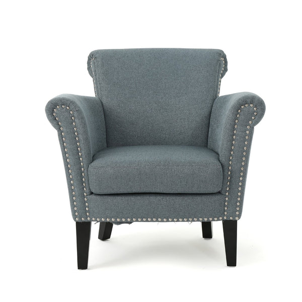 English Elm Christopher Knight Home® - CLUB Chair with Curved Silhouette and Nailhead Trim — Upholstered Luxury Accent Seat with Birch Legs Blue+Grey 31.5 L x 24.75 W x 23 H 60841.00STB