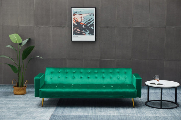 English Elm Sofa Bed Velvet Upholstered Convertible with Gold Metal Legs for Studio Spaces Green B205P246431