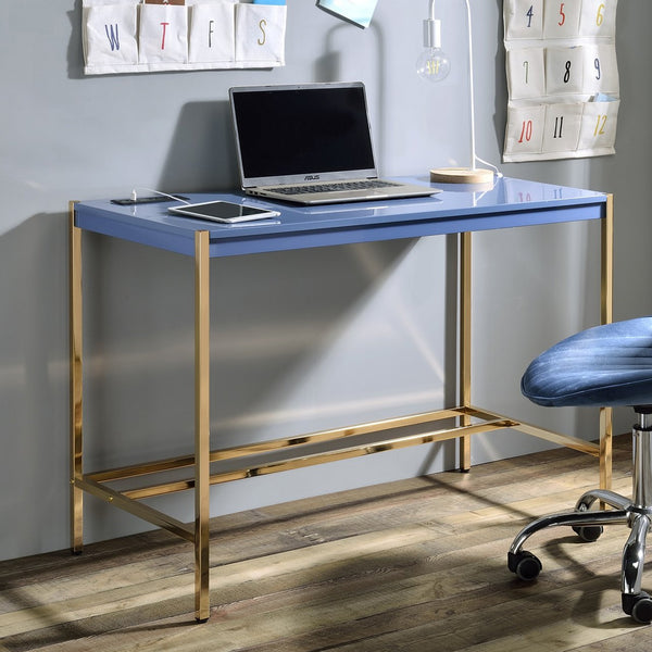 English Elm Rectangular Writing Desk with USB Port and Metal Frame, Rustic Textured Finish for Cozy Workspace_x0003_ Gold,Navy Blue B016P326482