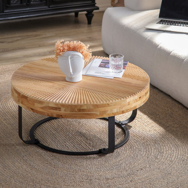 English Elm Modern Round Pine Coffee Table with Carved Wood Top and Sleek Metal Legs for Stylish Living Spaces Natural+Black W757P186923