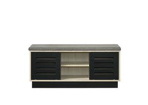 English Elm Brio Oak Entryway Shoe Cabinet with Sliding Doors and Upholstered Bench Seat B2749P413256