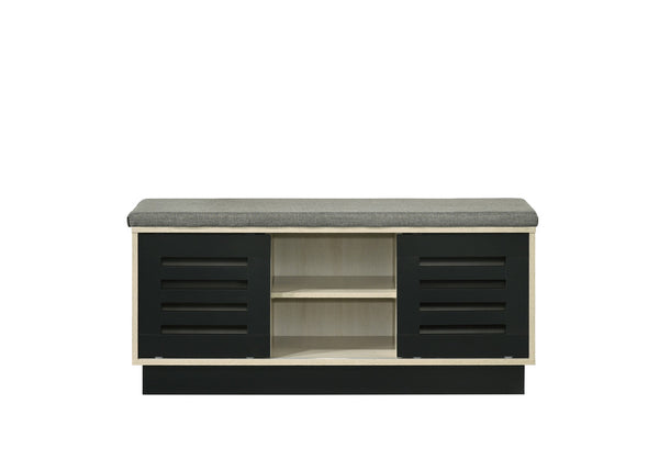 English Elm Brio Oak Entryway Shoe Cabinet with Sliding Doors and Upholstered Bench Seat B2749P413256