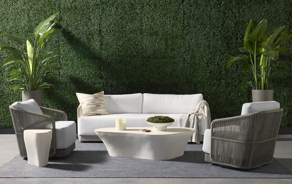 Sunpan ALLARIZ Sofa - Modern Greige Aluminum Frame with Stinson White Upholstery for Stylish Outdoor Living 109652