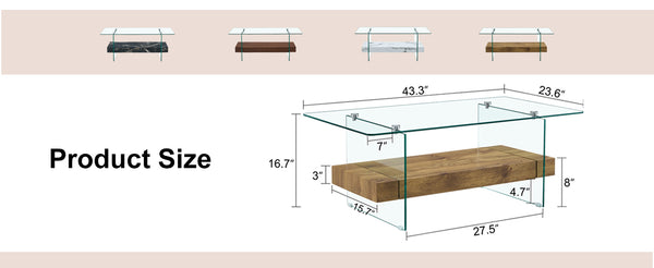 English Elm 40.3-inch Retro Double-Layer Coffee Table with Tempered Glass Shelves, Wood-Grain Finish, 250lb Capacity W1512P317685