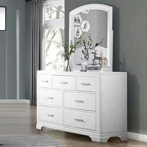 English Elm Modern Birch Veneer Dresser with Curved Mirror Seven Drawers Chrome Pulls Bedroom White B011S02345