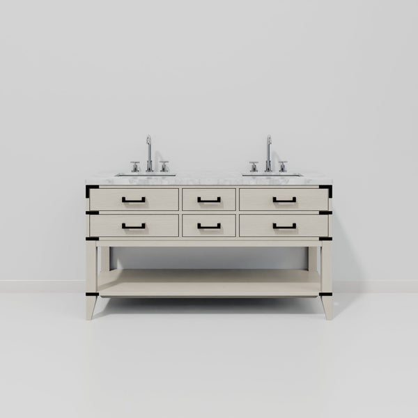 English Elm White Oak Double Bath Vanity With Carrara Marble Top & Chrome Faucet – Elegant Storage Solution B2731P260281-GIGA