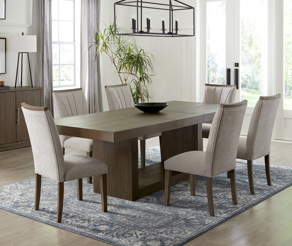 English Elm Contemporary Acacia Veneer Extendable Dining Set with Six Upholstered Gray Fabric Chairs B011S01603