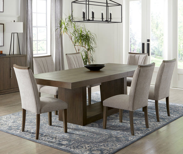 English Elm Contemporary Acacia Veneer Extendable Dining Set with Six Upholstered Gray Fabric Chairs B011S01603