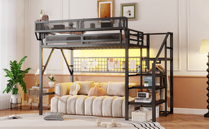 English Elm Full Size Metal Loft Bed with Wardrobe Stairs Rgb Lighting Industrial Frame W2580S00051