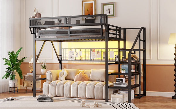 English Elm Full Size Metal Loft Bed with Wardrobe Stairs Rgb Lighting Industrial Frame W2580S00051
