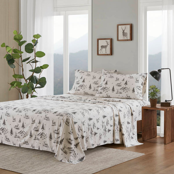 English Elm 3 Pcs Cozy Twin Sheet Set - Gray Deer Toile Pattern, Soft 100% Cotton Flannel For Year-Round Comfort B035P319771