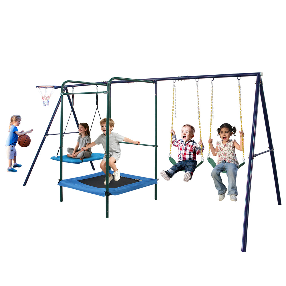 English Elm 4 in 1 Kids Outdoor Swing Set Steel A-frame with Trampoline and Basketball Rim W1408P367265