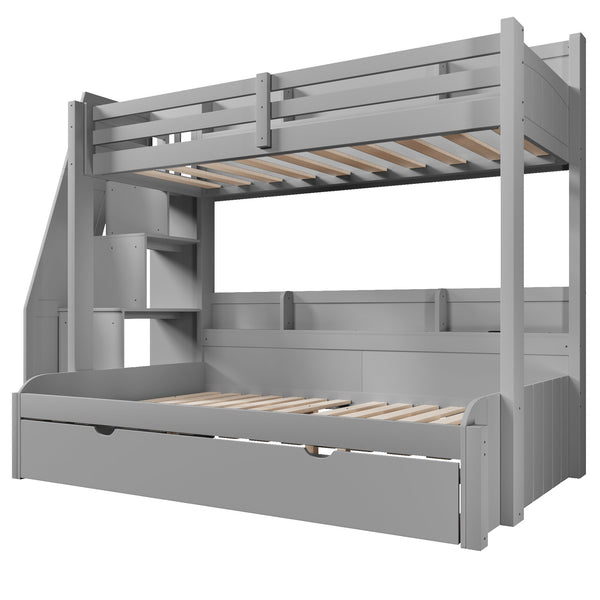 English Elm Twin Over Full Bunk Bed with Stair Drawers Shelves Led Lighting and Usb Port Grey N7090005013E