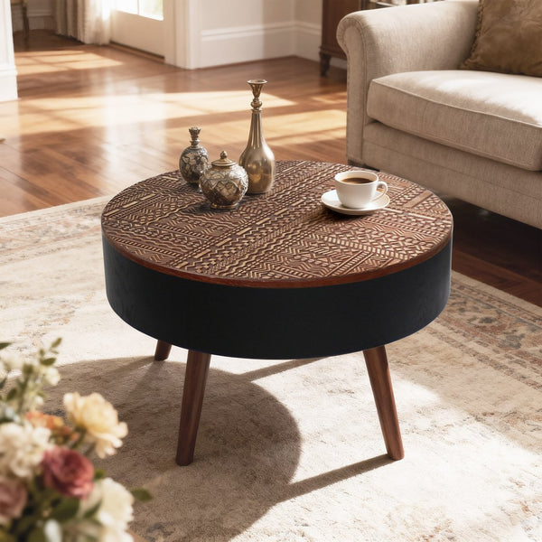 English Elm 31.5-inch Round Carved Wood Coffee Table Vintage Distressed Finish Living Room Accent W3935P406032
