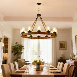 English Elm 12-light Wagon Wheel Chandelier Solid Wood Frame Seeded Glass Farmhouse Pendant W5008P390674
