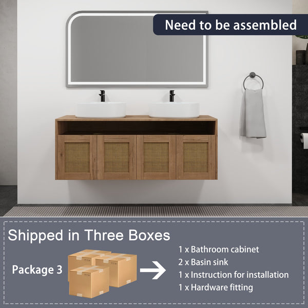 English Elm 48" Imitative Oak Wall Mounted Bathroom Vanity with Ceramic Art Sink, Plywood, 4 Soft-Close Doors, Modern Float Design W999S00399