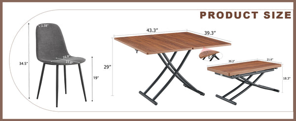 English Elm Table Multifunctional Lift Set With Walnut Finish And 4 Dark Gray Linen Chairs For Modern Living W1151S03785-GIGA