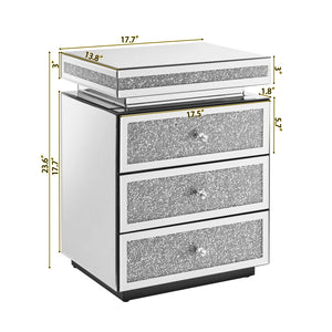 English Elm Mirrored Three Drawer Nightstand with Crystal Diamond Inlay Glam Bedside Storage W1005P248529