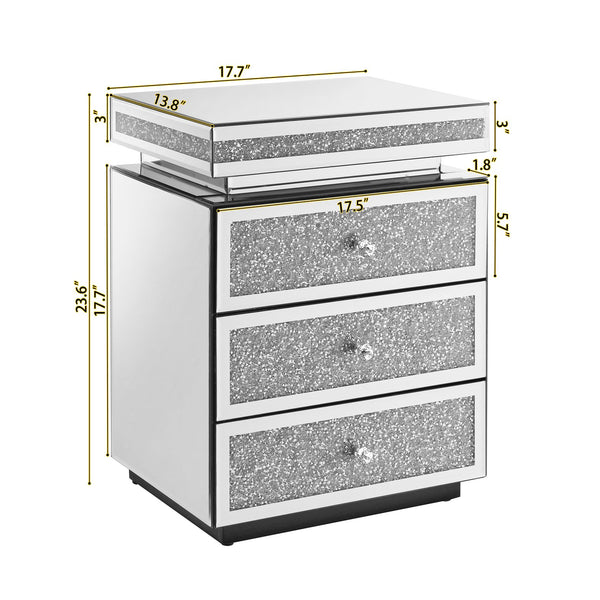 English Elm Mirrored Three Drawer Nightstand with Crystal Diamond Inlay Glam Bedside Storage W1005P248529