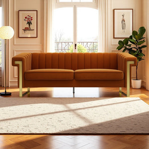 English Elm FX-P81-OR2(SOFA)Mid-Century Velvet Black Chesterfield 3-Seater Sofa with Gold Legs, Tufted Luxe Seating W576S00094