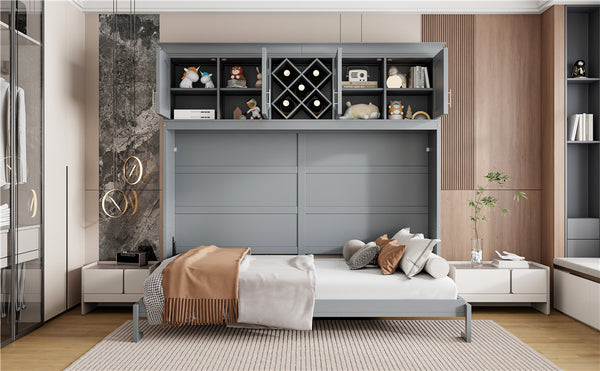 English Elm Queen Murphy Wall Bed with Storage Cabinets and Wine Rack for Small Space Living Gray LP000879AAE-1