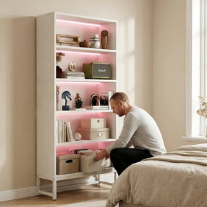 English Elm Tall Five Tier Bookcase with Led Shelf Lighting White Mdf Frame Living Room Display W3204P454083