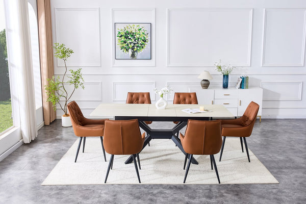 English Elm Modern Extendable Sintered Stone Dining Table with Auto-Lift, Scratchproof Waterproof Top & Black Metal Base W3493S00005