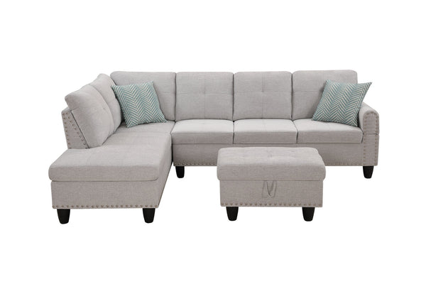English Elm Black Faux Leather Sectional Sofa with Cup Holders Storage Ottoman and Nailhead Trim Light Gray B2730S00023