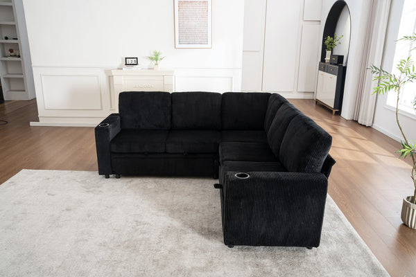 English Elm Sectional Corduroy Sleeper Sofa with Storage and Charging Ports for Small Spaces Black W1361S00078