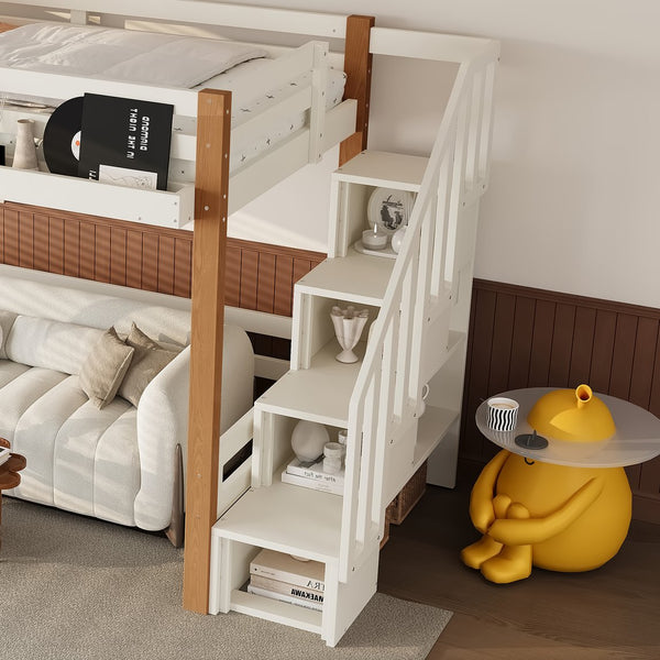 English Elm Twin Pine Wood Loft Bed with Built-in Shelving and Hook for Kids Bedroom W5305S00010