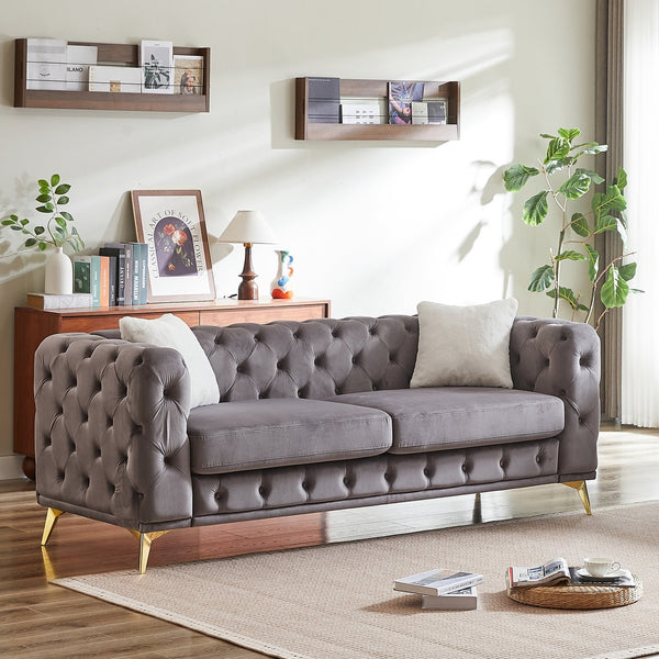 English Elm FX Velvet Chesterfield Sofa 82.5" Deluxe Tufted Design with 2 Pillows, Metal Legs, 750lb Capacity Grey W1926S00071