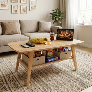 English Elm Mid Century Modern Solid Oak Two Tier Coffee Table with Open Shelf for Living Room Wood W3204P469106