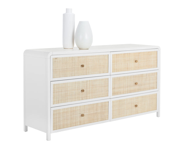 Sunpan Tierra Dresser - Coastal-Inspired Elegance with Rattan Detailing and Soft-Close Drawers for Style Small - 63W x 17.75D x 33.5H