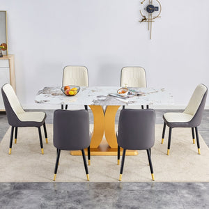 English Elm Table Luxurious Glass Dining Set With Golden C-Shaped Legs & 6 Ergonomic Pu Chairs For Modern Homes W1151S03246-GIGA