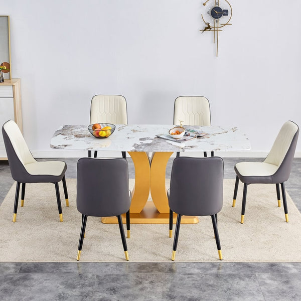 English Elm Table Luxurious Glass Dining Set With Golden C-Shaped Legs & 6 Ergonomic Pu Chairs For Modern Homes W1151S03246-GIGA