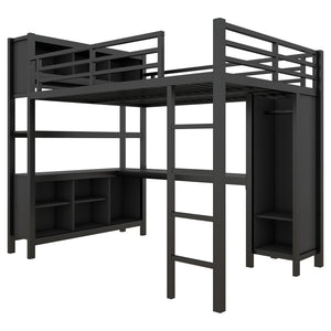 English Elm Metal Loft Bed With Integrated Desk, Wardrobe & Storage Cubes - Space-Saving Solution For All Ages W1580S00068