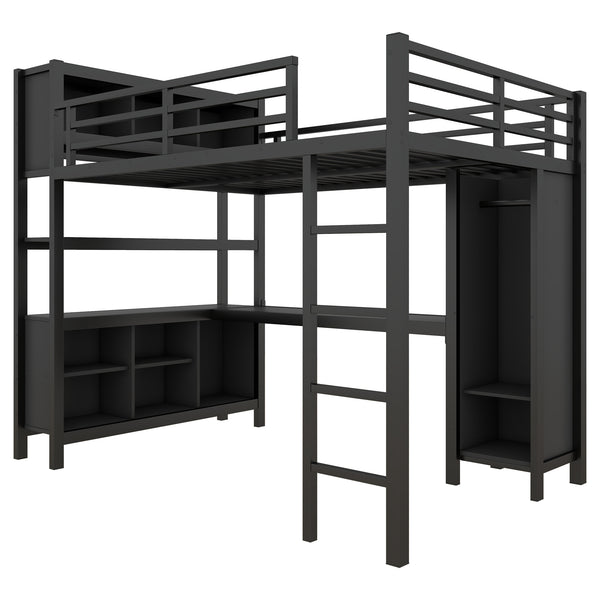 English Elm Metal Loft Bed With Integrated Desk, Wardrobe & Storage Cubes - Space-Saving Solution For All Ages W1580S00068