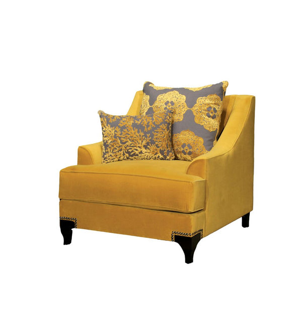 English Elm Traditional Low-Arm Chair with T-Cushion Seating, Nailhead Trim, Gold & Gray Finish with Pillows - 39"L x 37"W x 38"H B2741P375922