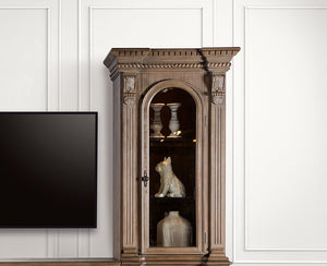 English Elm Traditional Weathered Oak Entertainment Console Hand Carved Dentil Crown Six Door Storage B2741S00759